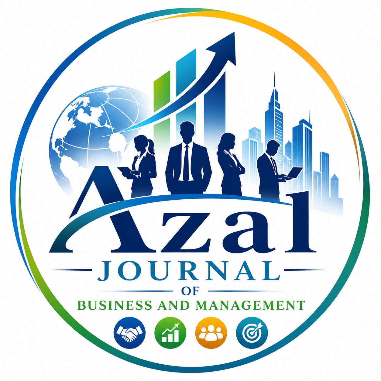 The Azal Journal of Business and Management presents itself as a modern and globally oriented academic journal dedicated to advancing scholarly research in the fields of business, management, leadership, entrepreneurship, innovation, and organizational development.  The journal logo reflects professionalism, internationalization, and innovation through its carefully designed visual elements. The globe symbolizes global academic collaboration and international research engagement, while the upward arrow and bar graph represent growth, progress, strategic development, and organizational success. The silhouettes of professionals portray leadership, teamwork, business expertise, and collaborative decision-making in contemporary organizational environments. Meanwhile, the city skyline signifies modernization, economic development, and corporate advancement.  The circular frame surrounding the logo conveys unity, inclusivity, and continuous academic excellence. The use of blue, green, and gold color tones suggests trust, sustainability, innovation, productivity, and achievement qualities commonly associated with impactful business and management scholarship.  The journal branding communicates a vision of becoming a dynamic platform for interdisciplinary and globally relevant research that contributes to business innovation, management practices, entrepreneurial growth, policy development, and sustainable organizational transformation.